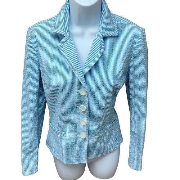 TALBOTS Seersucker Jacket Women's Size 4 Blue White Striped Long Sleeve - Picture 1 of 6